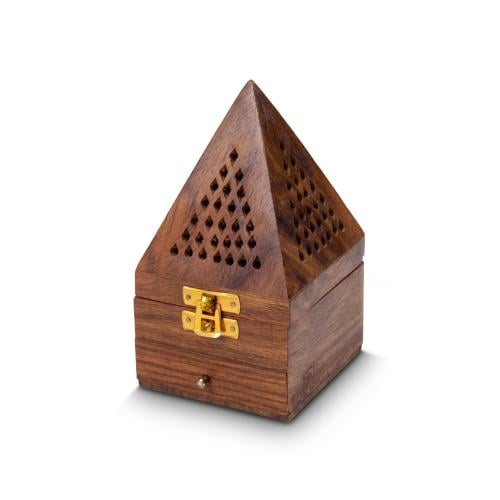 Wooden incense holder in the shape of a pyramid