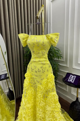 فستان سهره اصفر كلفه تل تطريز خرز مورد ذبل کلوش