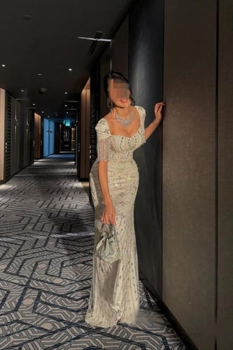 فستان سهرة تل مطرز كريستال ماكسي ملكي