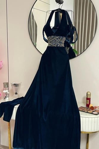 فستان سهرة أزرق ملكى بتطريز فضی