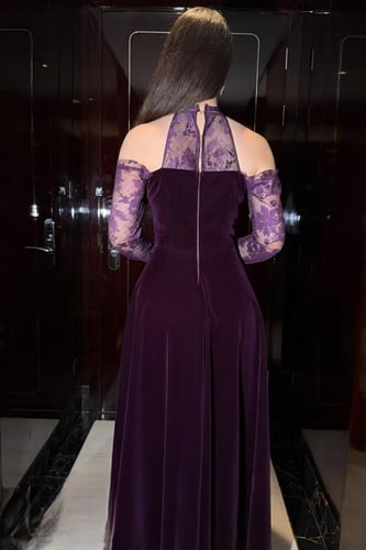 فستان سهرة مخمل كم دانتيل كلوش