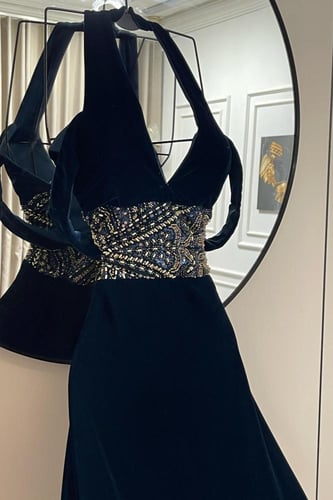 فستان سهرة أزرق ملكى بتطريز فضی