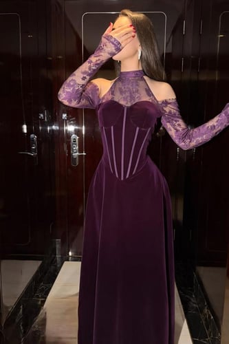 فستان سهرة مخمل كم دانتيل كلوش