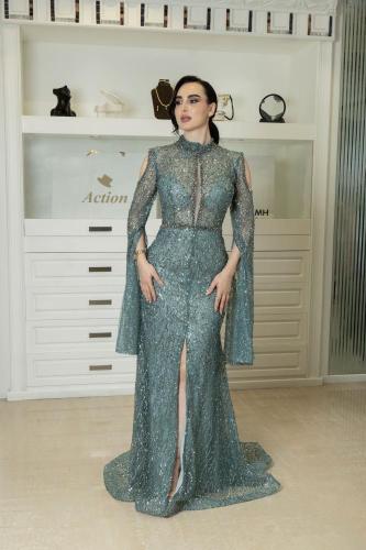 فستان سهره راقي تطريز يدوي بالخرز والكرستال