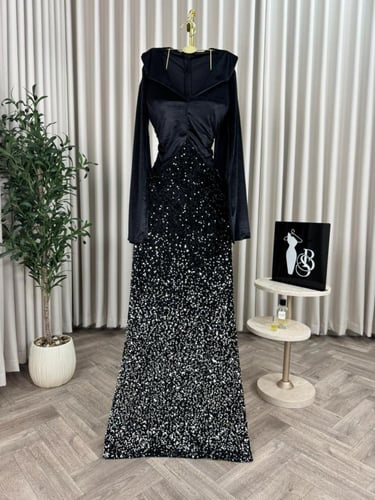 فستان سهرة طويل مخملي مرصع بالترتر اللامع لونين