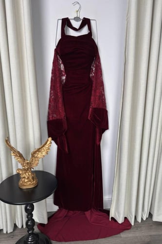 فستان سهره عودي مخمل مع دانتيل