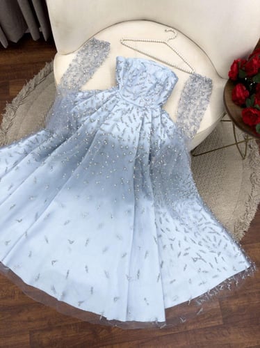 فستان سهرة سماوي راقٍ بتطريز فاخر وأكمام تول شفافة
