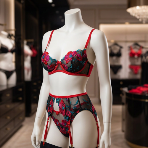 طقم لانجري باريس أسود مطرز بالورود الحمراء