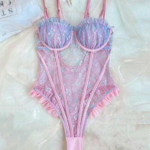 لانجري بودي سوت كورسيه من الدانتيل الشفاف بألوان ا...