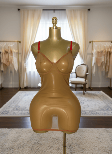 فستان لانجري بيج شفاف مع أربطة حمراء خلفية