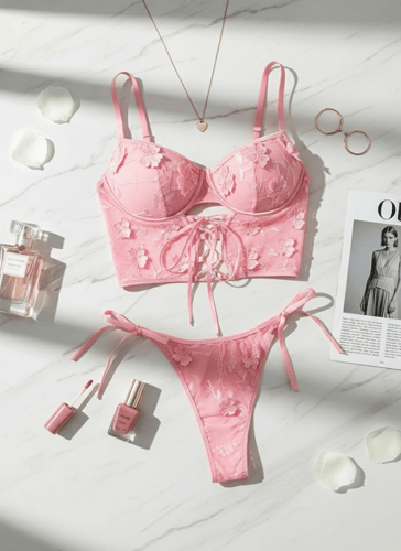 طقم لانجري أنيق بلون زهري مزين بالورود مكون من كور...