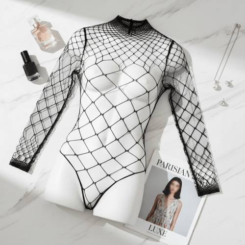 بودي سوت لانجري شبكي أسود بتصميم واسع الفتحات