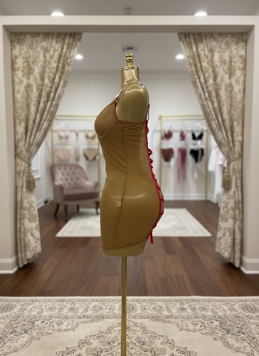 فستان لانجري بيج شفاف مع أربطة حمراء خلفية