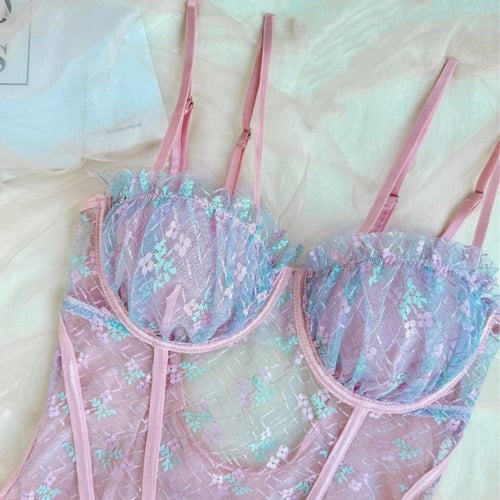 لانجري بودي سوت كورسيه من الدانتيل الشفاف بألوان ا...