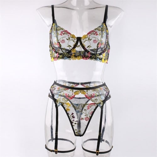 طقم لانجري شفاف مطرز بالزهور مع حزام خصر