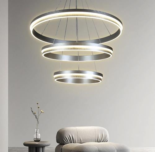 نجف مودرن فضي 3 حلقات لون الإنارة 3 إضاءات قطر 80*...