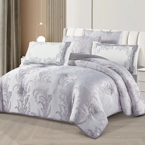 مفرش سرير صيفي سوزان جاكار فاخر مزدوج 6 قطع - رماد...