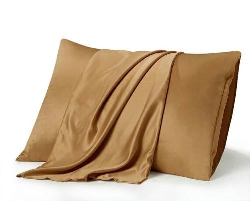 غطاء مخدة حرير ساتان ناعم 2 قطعة - بني فاتح