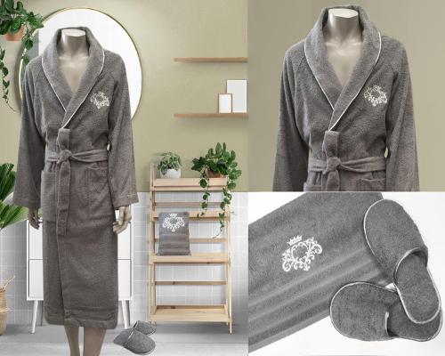 طقم روب استحمام قطن مطرز 4قطع-رمادي غامق
