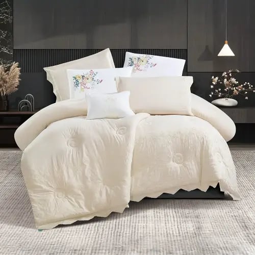 مفرش سرير جمان صيفي مطرز مزدوج 7 قطع - بيج فاتح