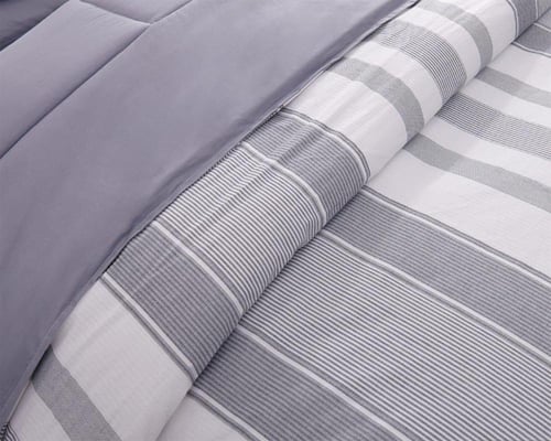 مفرش سرير كوتجي صيفي قطن مقلم مزدوج 6 قطع رمادي كر...