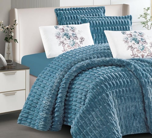 مفرش سرير مها شتوي فرو مع مخمل مزدوج 6 قطع ازرق