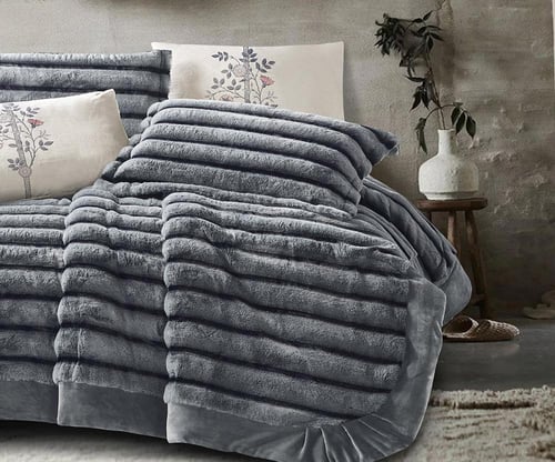 مفرش سرير أكاسيا شتوي فرو أرنب مزدوج 6 قطع - رصاصي...