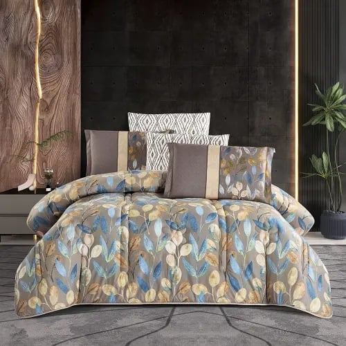 مفرش صيفي غيداء مزدوج 6 قطع وجهين مشجر و سادة بيج...