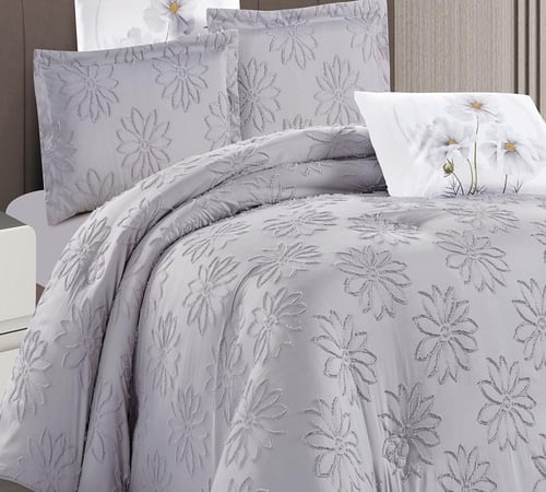 مفرش سرير صيفي مفرد ونص 4 قطع رمادي- تصميم بلمسة ف...