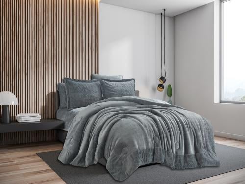 مفرش شتوي كانون فلانيل مخمل طقم مزدوج 6 قطع - رماد...