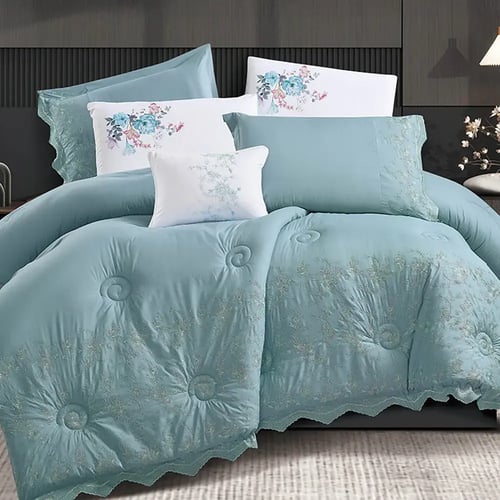 مفرش سرير جمان صيفي مطرز مزدوج 7 قطع - اخضر بترولي