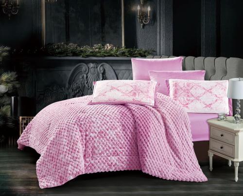 مفرش سرير بالي شتوي مخمل مزدوج 6 قطع وردي