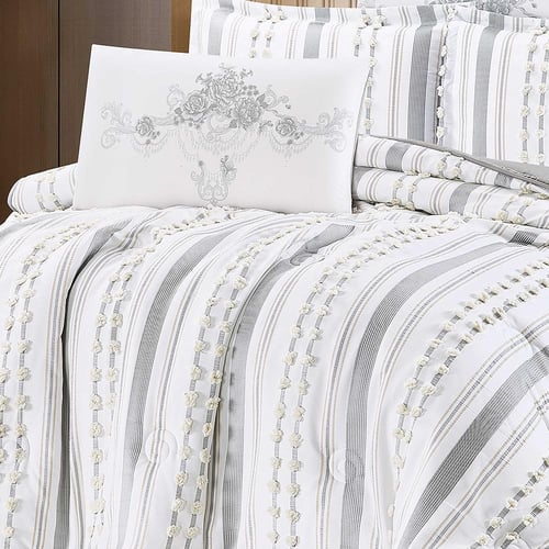 باقة العيد | مفرش صبا صيفي مزدوج 6 قطع رمادي + مخد...