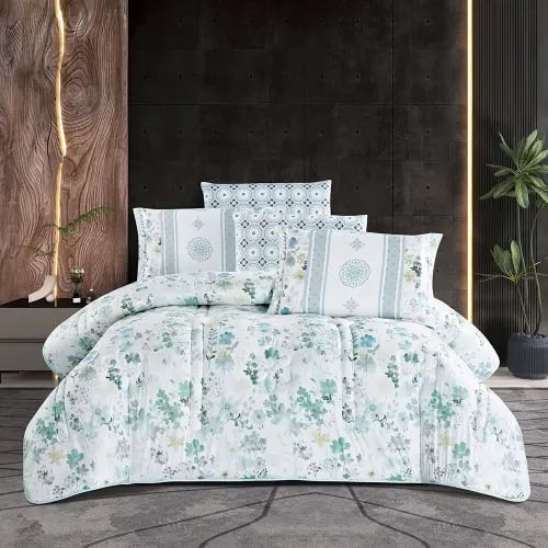 مفرش صيفي غيداء مزدوج 6 قطع وجهين مشجر و سادة اخضر...