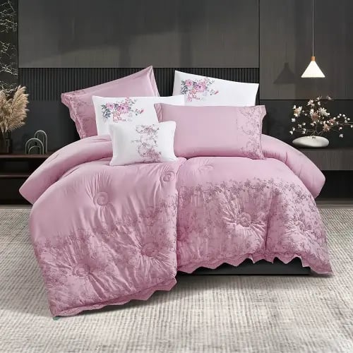 مفرش سرير جمان صيفي مطرز مفرد ونص 4 قطع - وردي