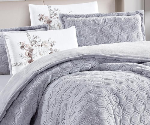 مفرش سرير توق شتوي فرو مزدوج 6 قطع - رمادي