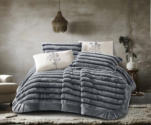 مفرش سرير أكاسيا شتوي فرو أرنب مزدوج 6 قطع - رصاصي...