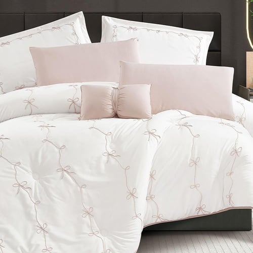 مفرش سرير نسايم صيفي بتصميم مطرز مزدوج 7 قطع - بيج