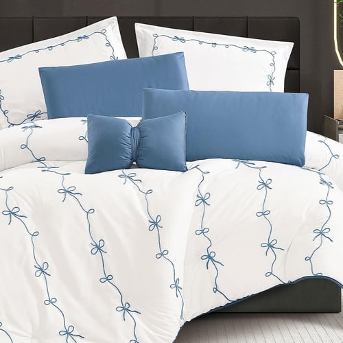 مفرش سرير نسايم صيفي بتصميم مطرز مزدوج 7 قطع - أزر...