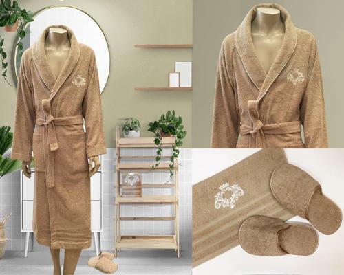 طقم روب استحمام قطن مطرز 4قطع-بيج