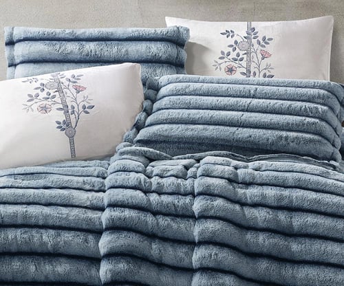 مفرش سرير أكاسيا شتوي فرو أرنب مزدوج 6 قطع - ازرق