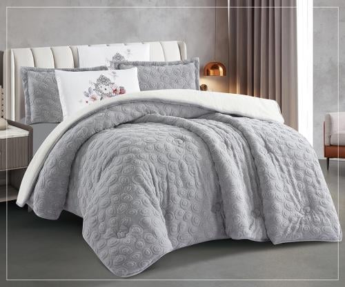 مفرش سرير عذبة شتوي فرو مزدوج 6 قطع رمادي