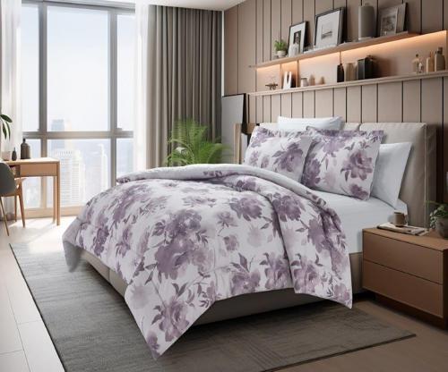 مفرش كانون فندقي قطن - بنفسجي مشجر مزدوج 6 قطع