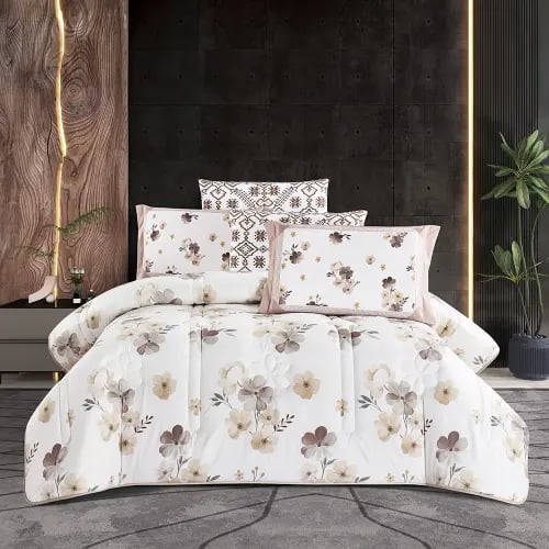 مفرش صيفي غيداء مزدوج 6 قطع وجهين مشجر و سادة بيج