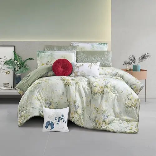 مفرش سرير صيفي فيروز وجهين مفرد ونص 4 قطع - أخضر ز...