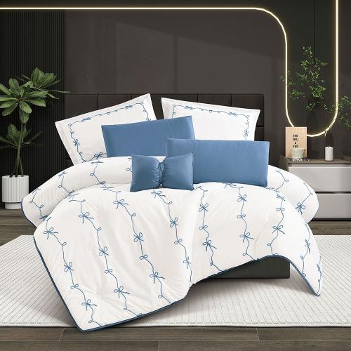 مفرش سرير نسايم صيفي بتصميم مطرز مزدوج 7 قطع - أزر...