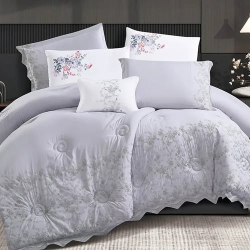 مفرش سرير جمان صيفي مطرز مزدوج 7 قطع - رمادي