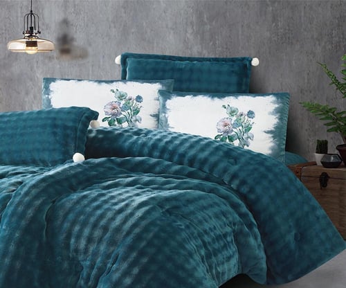 مفرش سرير تيكوما شتوي مخمل مفرد ونص 4 قطع - ازرق ب...