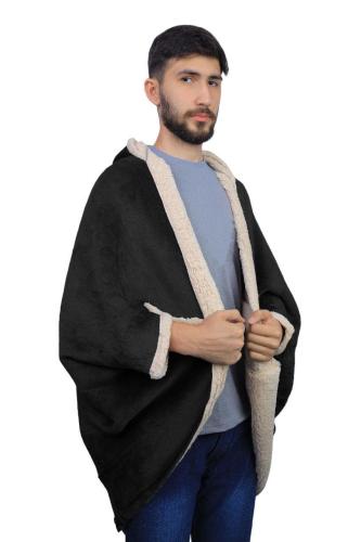 جاكيت شتوي سادة مخمل مع فرو - أسود بيج