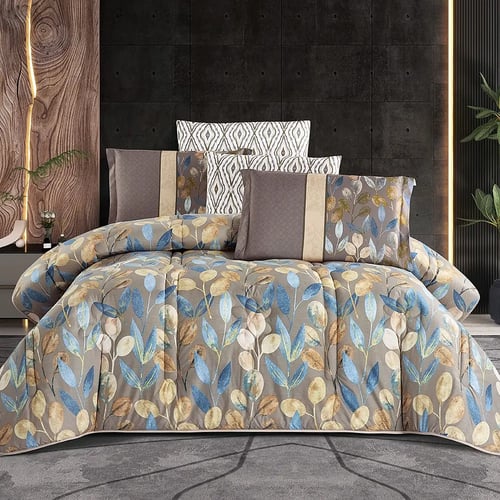 مفرش صيفي غيداء مزدوج 6 قطع وجهين مشجر و سادة بيج...